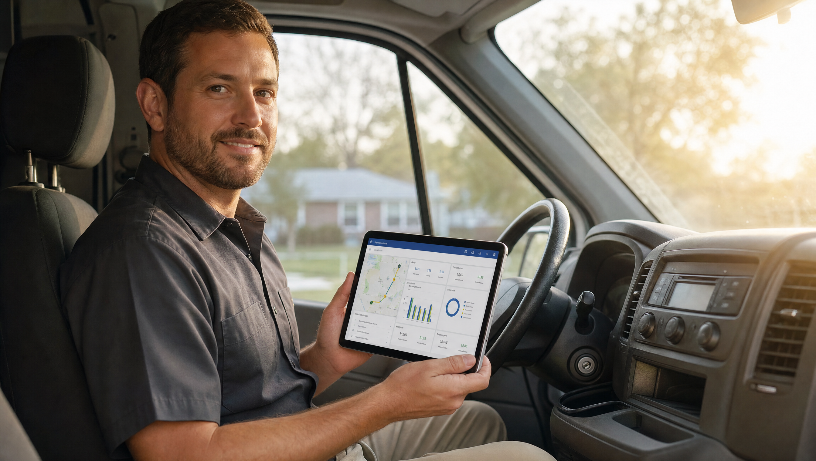 A route dealer sitting in their cargo van, checking route balance data on a tablet